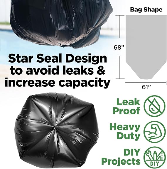 ToughBag 95-96 Gallon Extra-Large Trash Bags, 61x68 Black Garbage Bags, 1.2 Mil Thick (50 COUNT), Heavy-Duty Outdoor 95 Gallon Trash Bags for Storage, Custodial, Landscape - Made In USA
