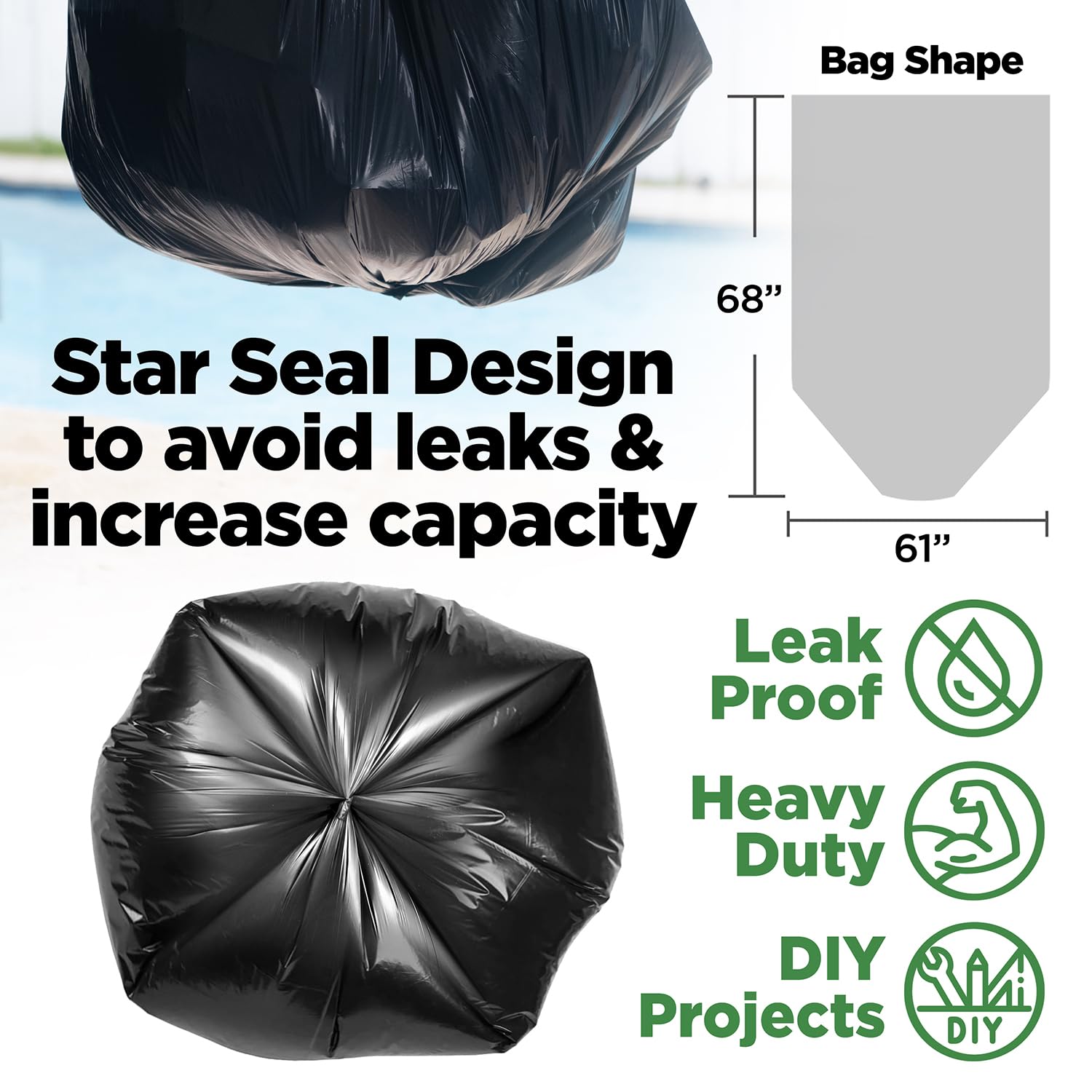 ToughBag Bolsas de basura resistentes de 95 a 96 galones, bolsas de basura negras (50 unidades) extragrandes de 90, 95, 96, 100 galones, 61 x 68 pulgadas, fabricadas en Estados Unidos