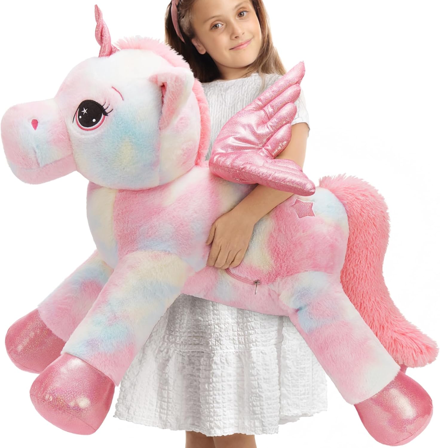 Tezituor 43 Inch Rainbow Pink Unicorn Stuffed Animal with Wing, Giant Stuffed Unicorn Plush Toys for Girls Kids Boys Women,Soft Plushie Gifts for Valentines Day,Christmas, Birthday Party