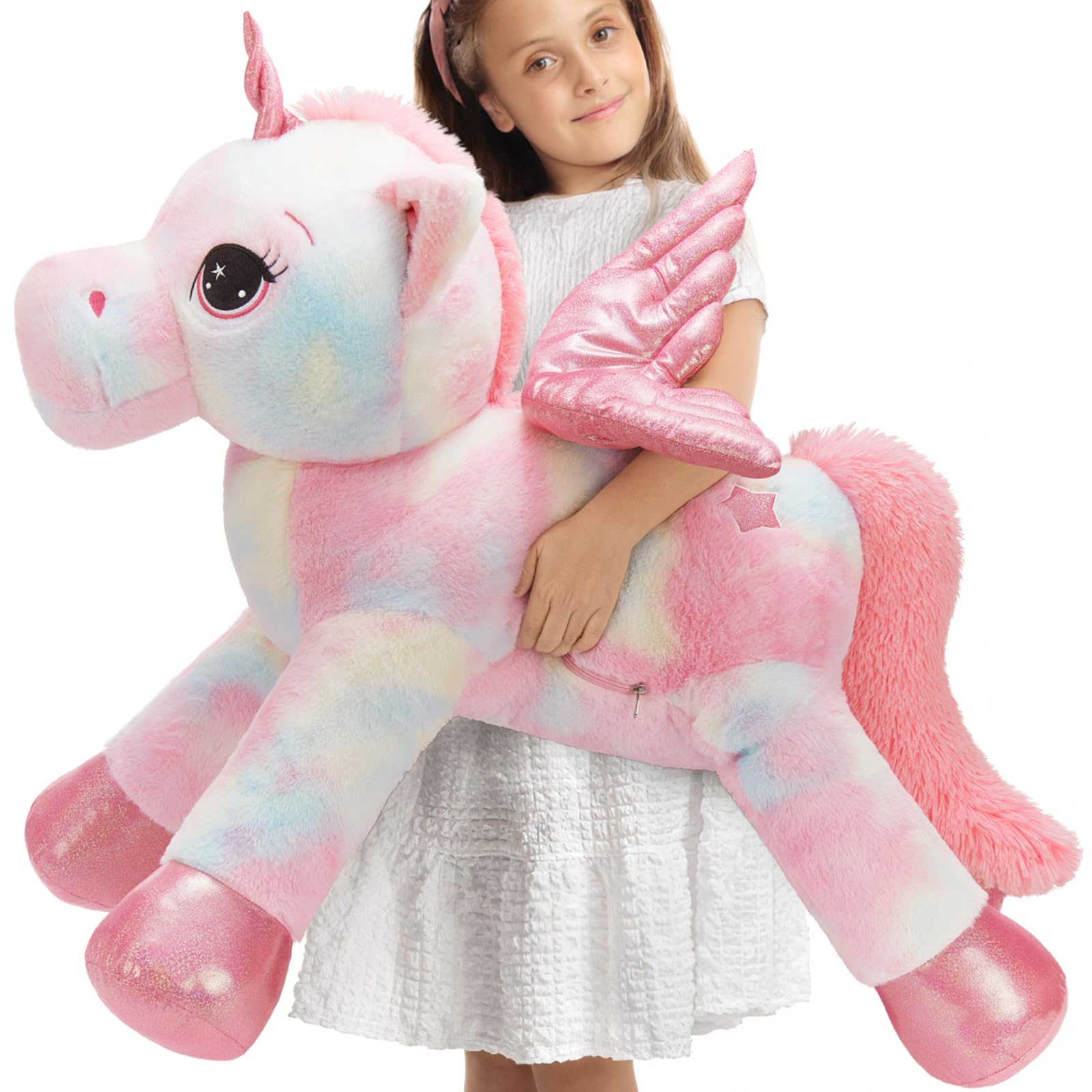 MorisMos XXL Unicorno Peluche Gigante, 110cm Tie-dye Rosa Unicorno Grande con Le Ali, Morbido di Peluche Regalo per Bambini Fidanzata Compleanno Natale