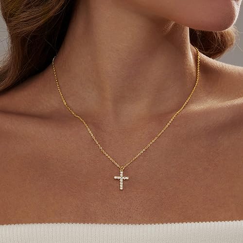 Miniatura 2 de Zeffy Collar de cruz para mujer, chapado en oro de 18 quilates, collar con dije de cruz pequeña en capas simples para niñas, joyería de oro para