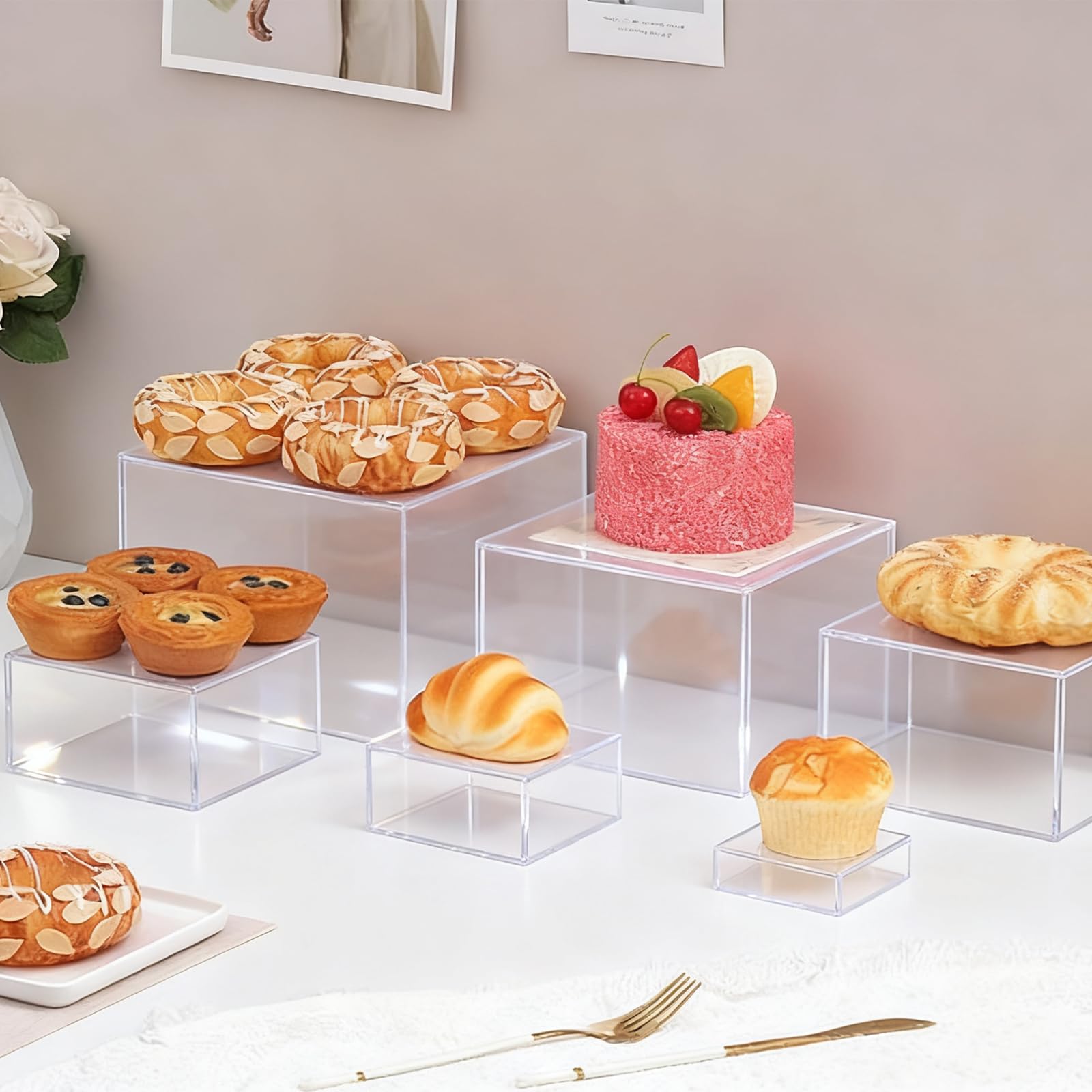Soporte para tartas, soporte de buffet de acrílico transparente, 6 unidades de soportes para tartas (3-8 pulgadas), reutilizables con base hueca, soporte de postre para cupcakes, postres, joyas