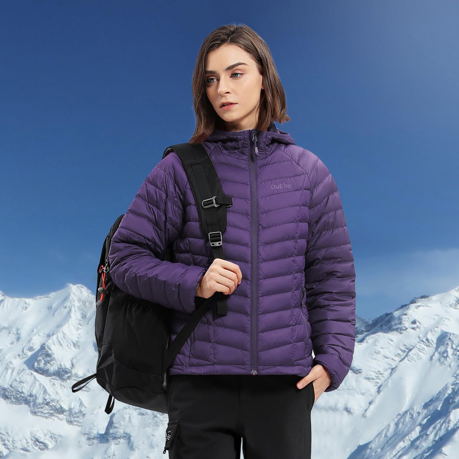 OutPro Piumino da donna leggero e avvolgente, giacca invernale calda con cappuccio, per attività all'aria aperta, calda fodera in policotermico con tasche per il tempo libero, le escursioni, i viaggi