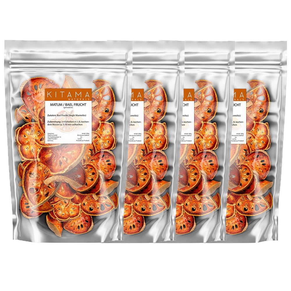 Kitama Thai Matum Tee 4 x 300g - Bengalische Quitte Bael Fruit Slices | Getrocknete Früchte-Scheiben aus Thailand. Aromatischer Wellness-Aufguss zum Relaxen sowie Entspannen im Spa