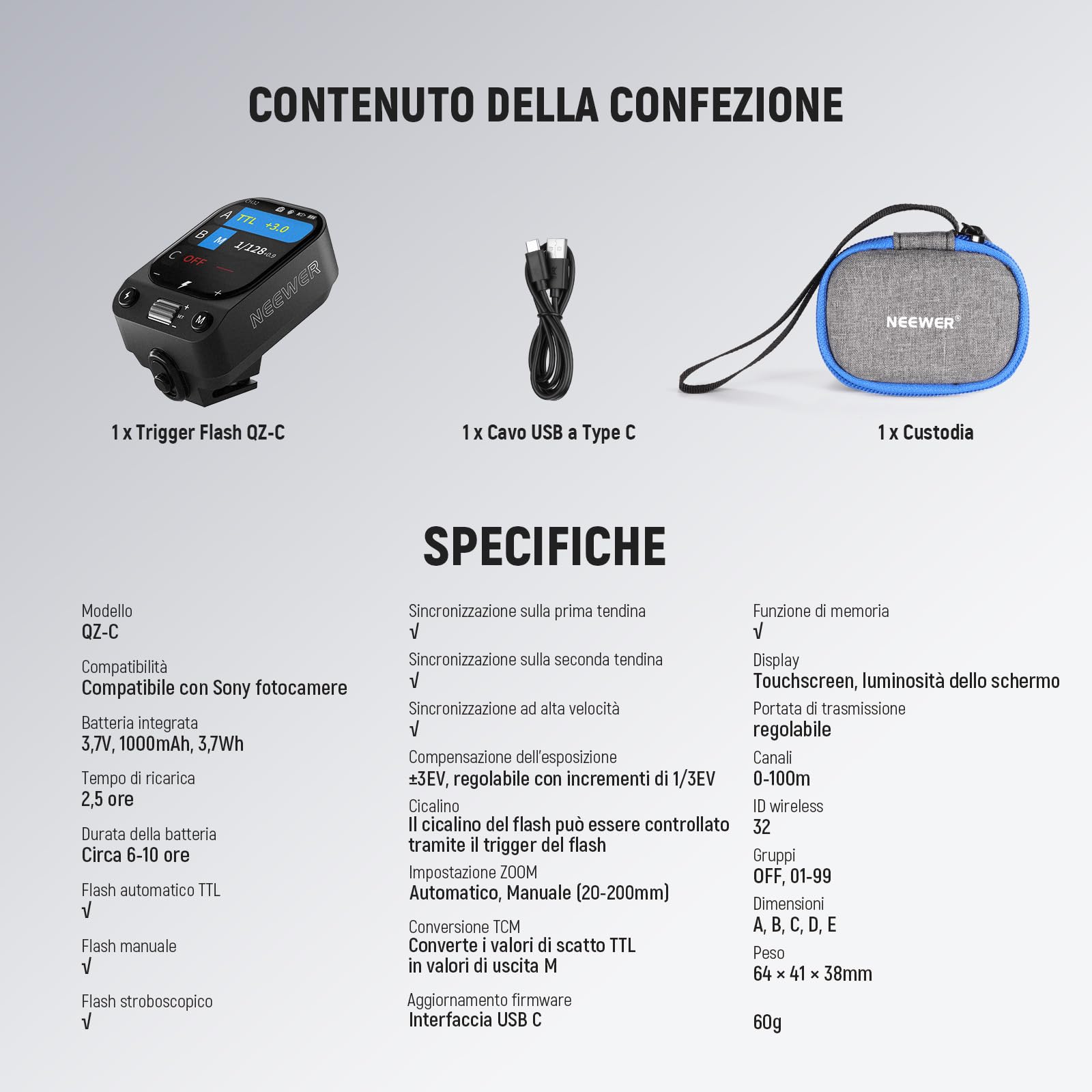 NEEWER QZ-C Trigger Flash Wireless 2.4G TTL Compatibile Con Canon, Godox IT32 V1 V100 AD200 Pro II, Trasmettitore Flash Hot Shoe Con Touchscreen OLED, 1/8000s HSS, Batteria 1000mAh, Interruttore CM