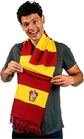 Harry Potter Gryffindor Scarf - Bold Red Gold Striped Design with House Crest - Fringed Knit Winter Accessory - HP Gifts for Men Women Kids Adults
