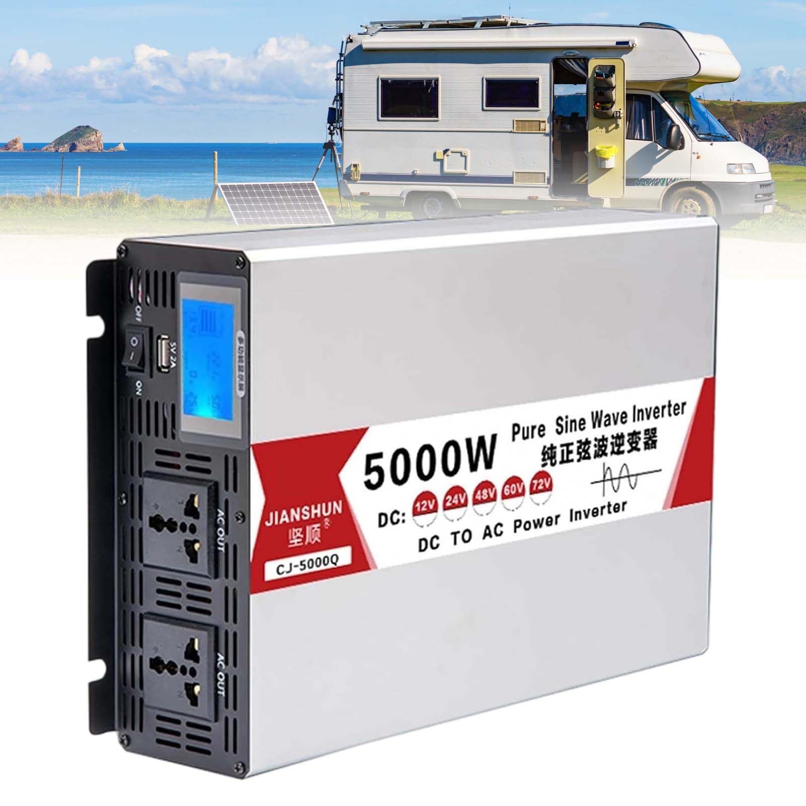 Przetwornica czystego sinusa 5000W, konwerter DC na 120V/240V AC, z portami ładowania USB i 2 gniazdami AC, zabezpieczenie przeciążeniowe i przed przegrzaniem 12V