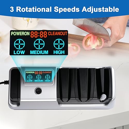 Miniatura 4 de Afilador de cuchillos eléctrico 5 en 1, profesional de 3 etapas con pantalla LCD, 100% abrasivos de diamante, 3 velocidades de rotación ajustables,