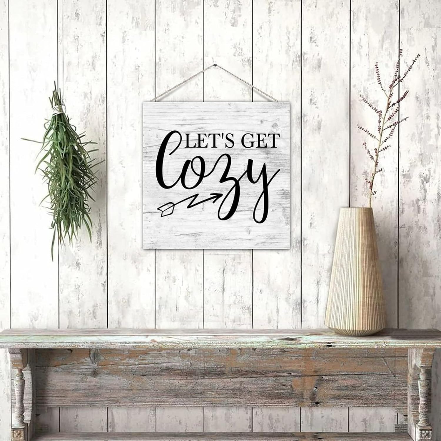 Wood Pallet Sign Let's Get Cozy Inspirational Rustic Wood Wall Pediment with Rope Old Fashioned Wooden Plank Hanging Sign Family Sign for Lake House Yard Decorations 12in