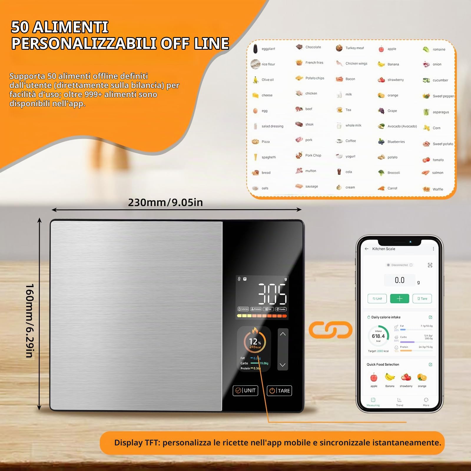 Bilancia da cucina intelligente con calcolo dei valori nutrizionali, bilancia da cucina smart con 24 analisi dei valori nutrizionali, bilancia da cucina con app gratuita e supporto Bluetooth, supporta