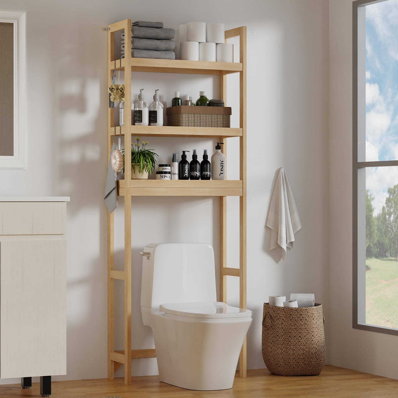 DeLutimia Solid Wood Over Toilet Storage Unit, Bathroom Shelves, 3 Tier Adjustable Shelves, Anti-tip Kit, Freestanding Storage Shelf for Bathroom, 630 × 260 × 1727 mm, Natural Wood