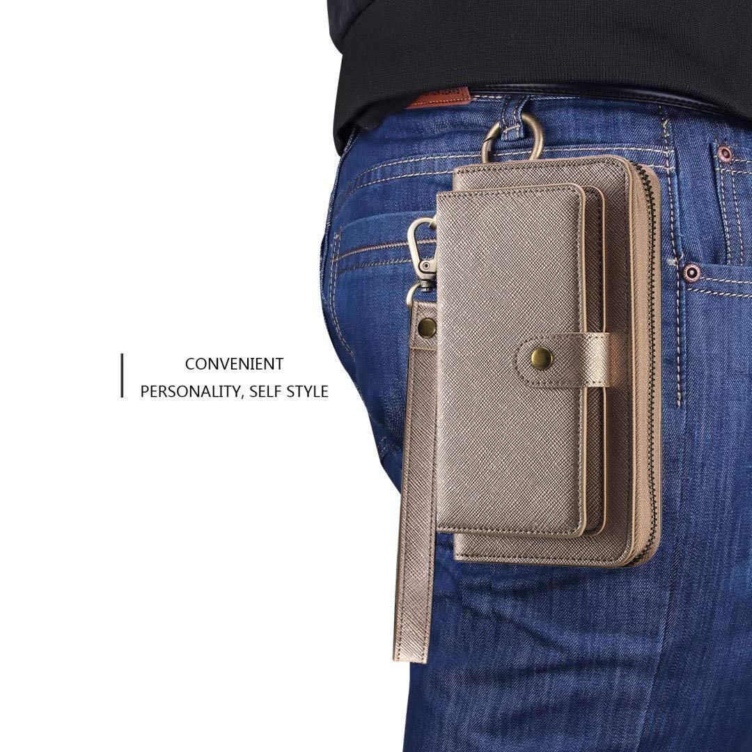 LITOU Compatibile con iPhone 14 Custodia a portafoglio con cinturino in pelle PU, con cerniera, porta carte e custodia posteriore magnetica rimovibile per uomini e donne, RG