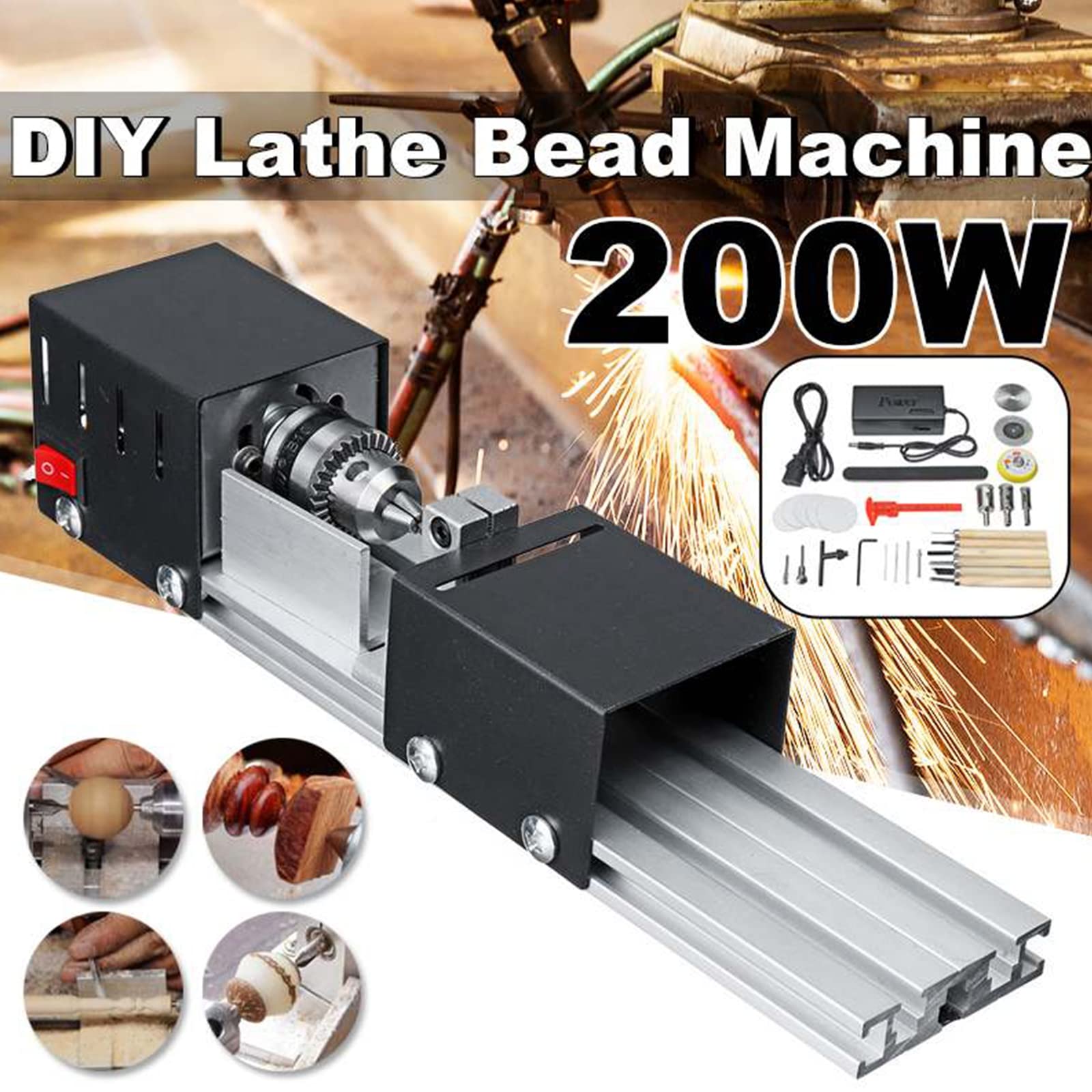 Torno De Madera Mini Torno Perlas Máquina Pulidora DC12V-24V 200W Perlas De Pulido Torno Miniatura Bricolaje Madera Torno Ideal Para Carpinteros De Madera Y Entusiastas De La Artesanía