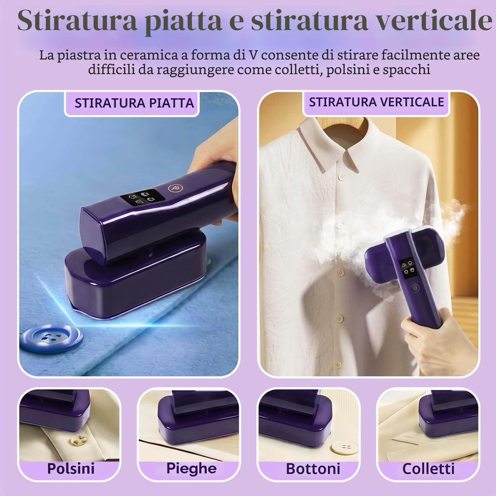 Ferro da Stiro Portatile Stiratore Verticale Touchscreen 2 in 1, Ferro da Stiro da Viaggio da 1200W, Serbatoio Dell'acqua da 100ML, Ferro da Stiro a Vapore per Viaggi e uso Domestico (Viola)
