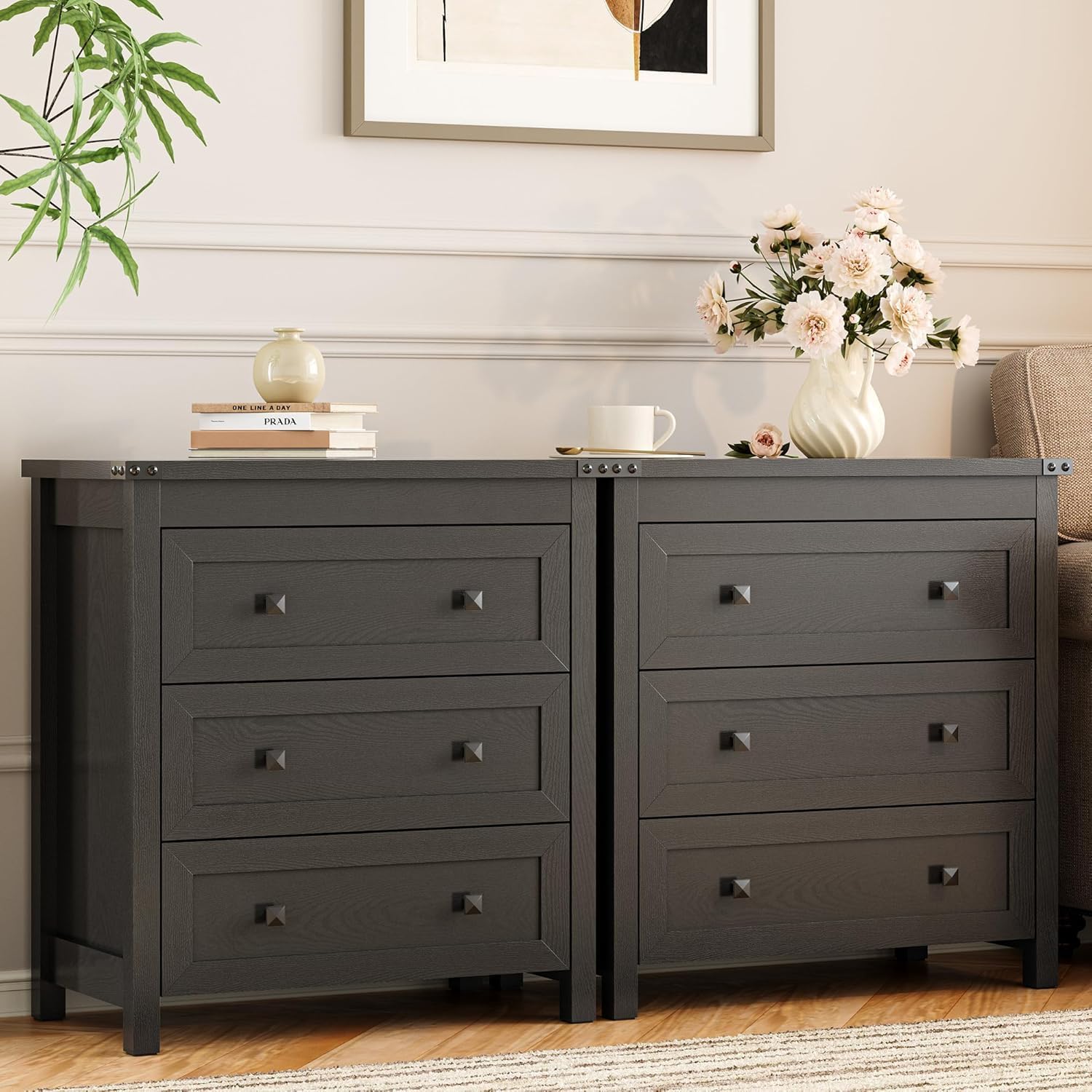Dresser for Bedroom with 3 Drawers, 27.55" Wide Small Chests of Drawers, Farmhouse Wood Nightstand Bedside Cabinet End Table, Modern Closet Storage Organizer for Living Room, Entryway, Hallway, Black - Image 6