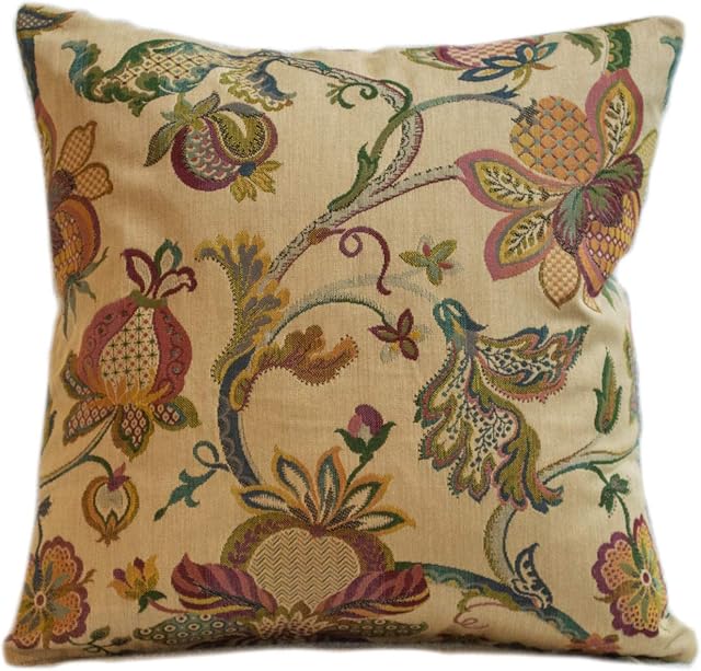 Traditional Tea Rose Heavyweight Tapestry Double Sided Cushion Cover. 17"x17" Square Pillow Cover. Victorian style floral botanical design leaves and flowers. Vintage colourway.