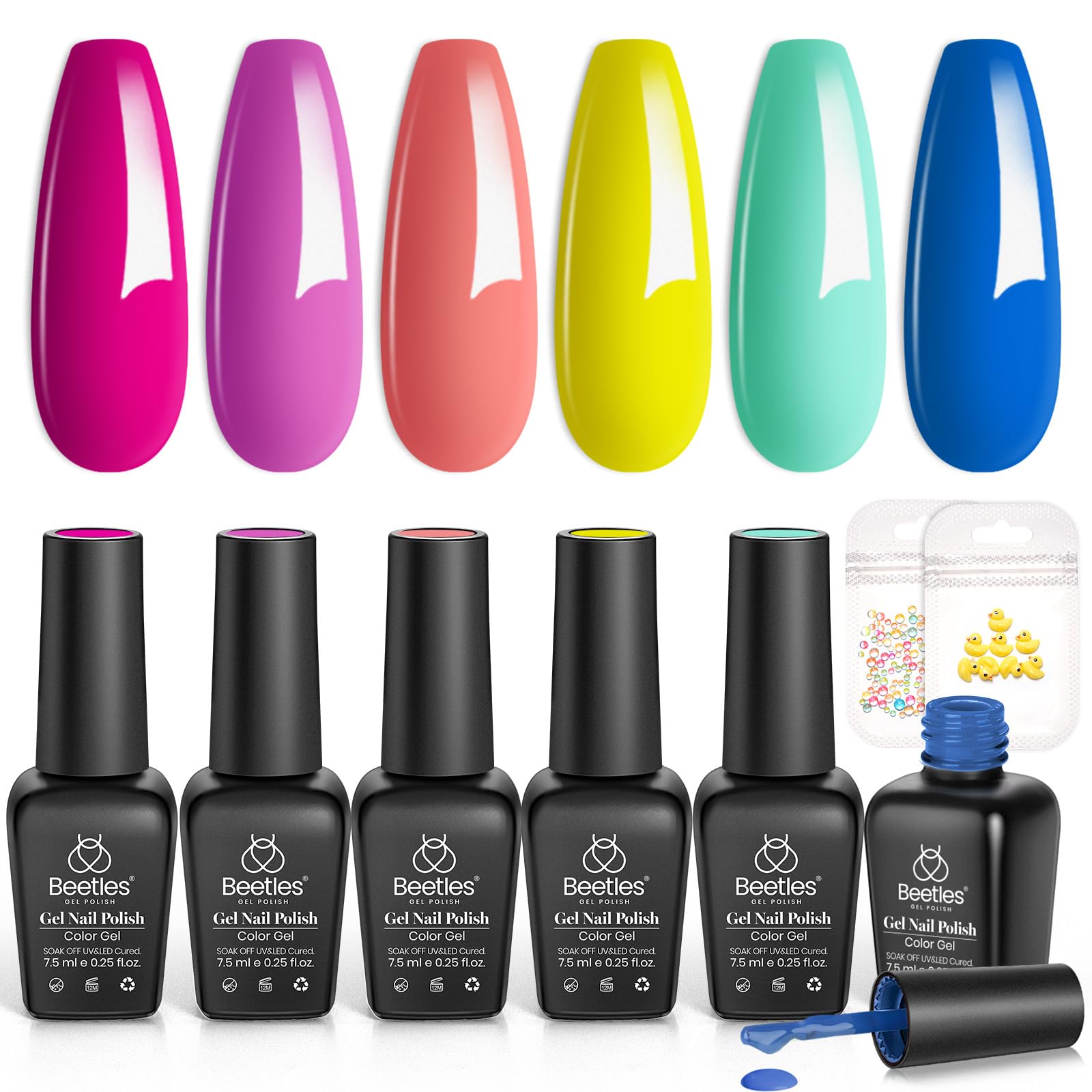 Beetles Gel Nail Polish Set, 6 Colors Bright Rainbow Nail Art Orange Blue Pink Green Neon Gel Polish Kit Soak Off UV Gel DIY Nail Art Valentines Day Gifts for Women Pool Party Holiday Manicure