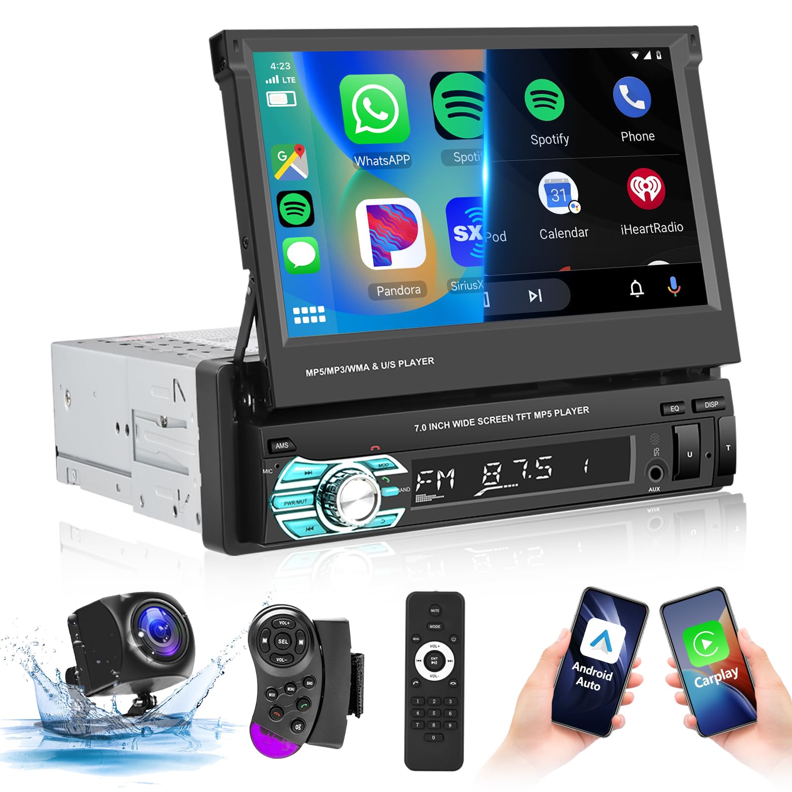 Podofo 1 DIN Radio Coche Carplay Android Auto Enlace Espejo Bluetooth Ampliar Manualmente 7'' Táctil Manos Libres FM/Control Remoto EQ//USB/Control del Volante/AUX/Mic/SD/AHD Cámara de Visión Trasera