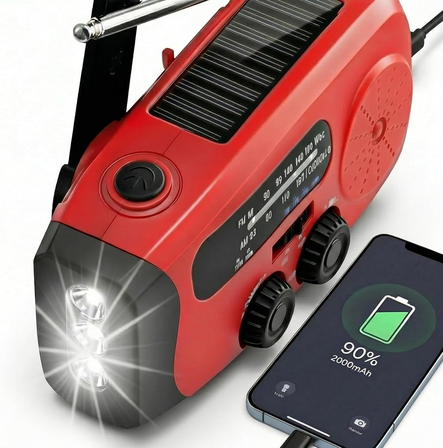 Notfunk Radio Portable d'urgence à Manivelle, 3 Lampes LED, Alarme SOS, Power Bank 2000mAh, Camping en Plein Air, Prévention d'urgence à la Maison, Rouge