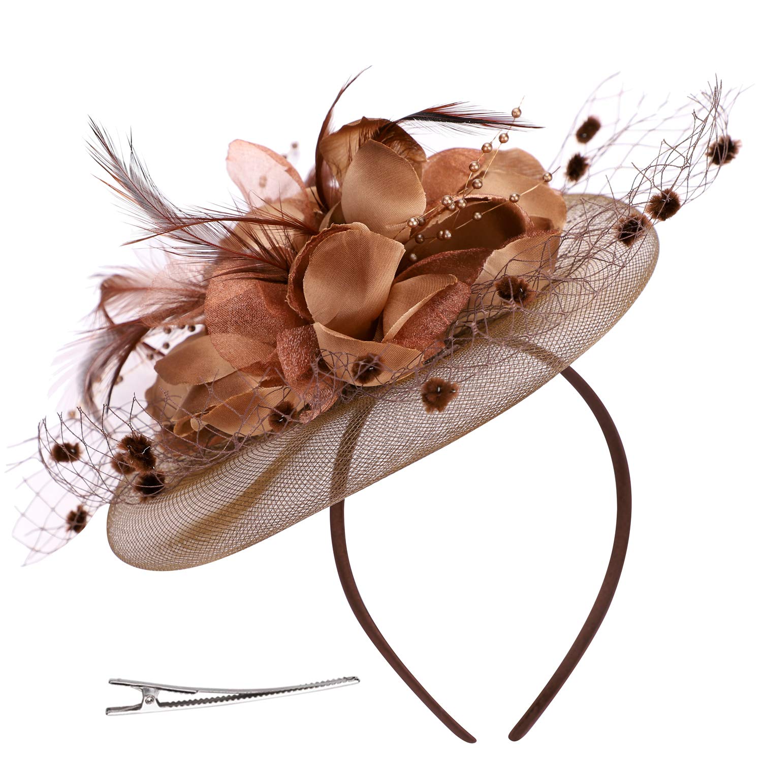 Women Feather Fascinator Flower Lace Hat Elegant Mesh Headpiece Headband for Tea Party Wedding Cocktail Church Bride Hairpin, Coffee