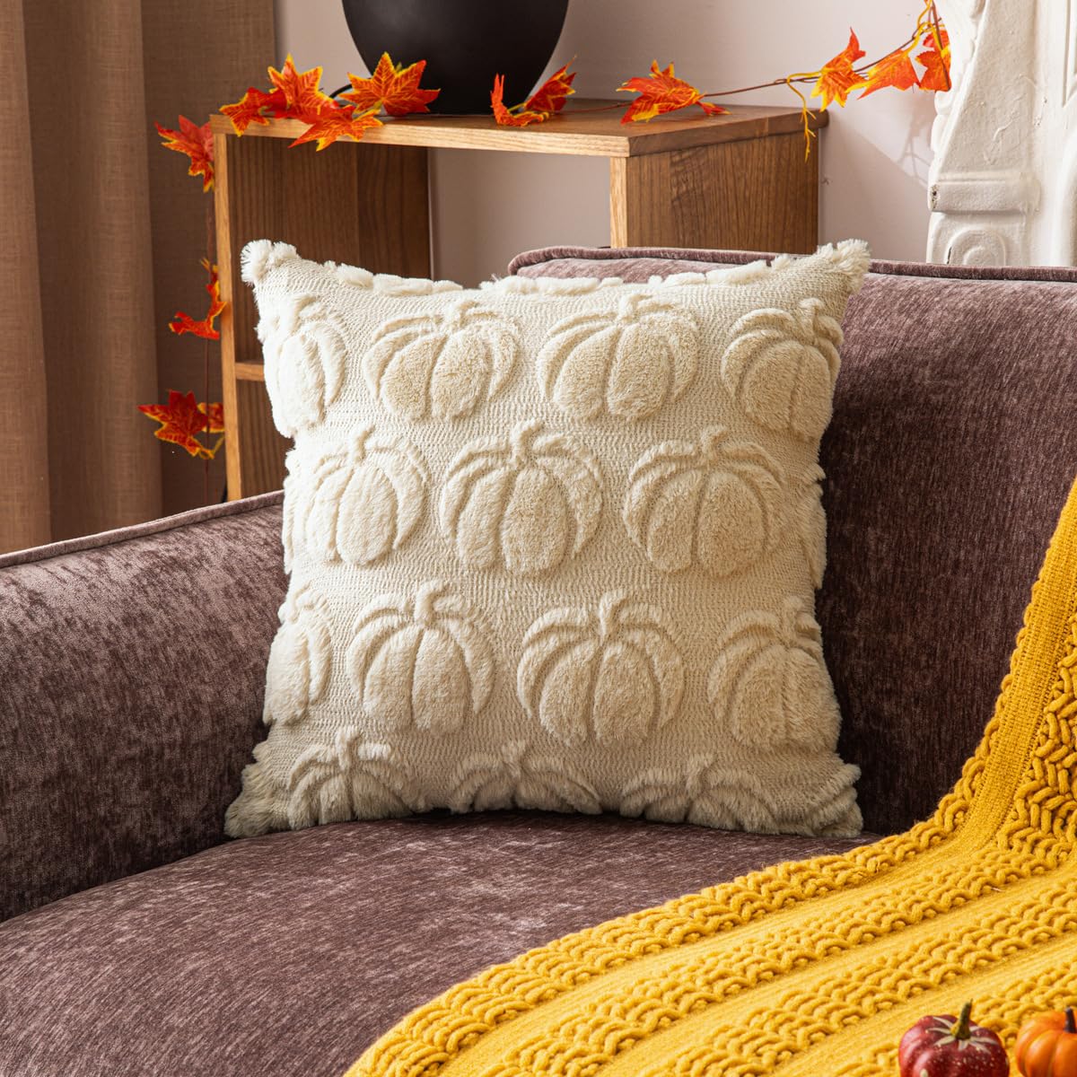 Plancholo Fall Pumpkin Throw Pillow Cover Soft Plush Faux Fur Wool Cushion Case for Sofa Couch (Beige, 18x18 Inch)