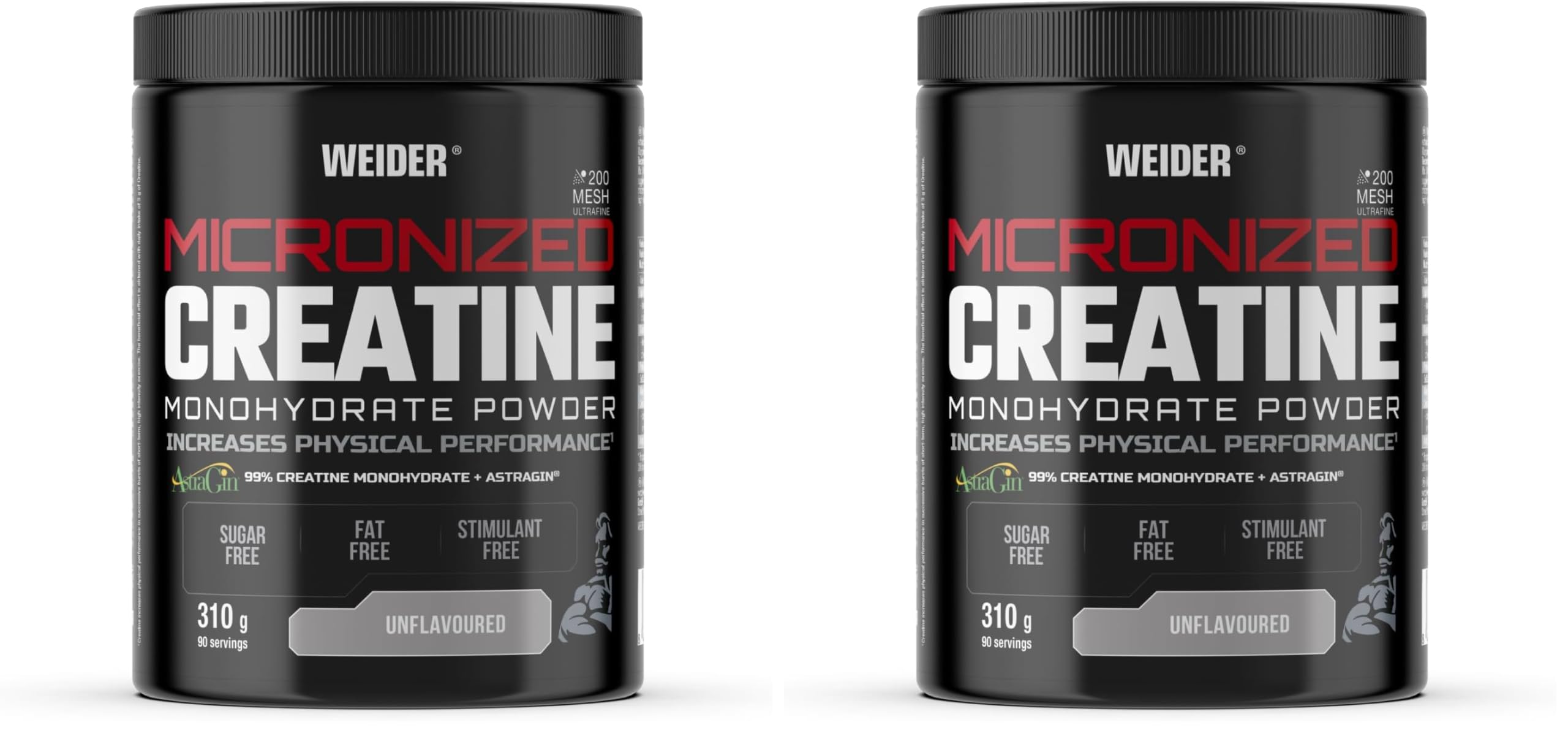 Weider Micronized Creatine Monohydrate Powder (310 g) Gusto Neutro. 99% Creatina Monoidrato Micronizzata 200 Mesh Ultrafine, con AstraGin, Vegana, Aumento delle prestazioni fisiche (Confezione da 2)
