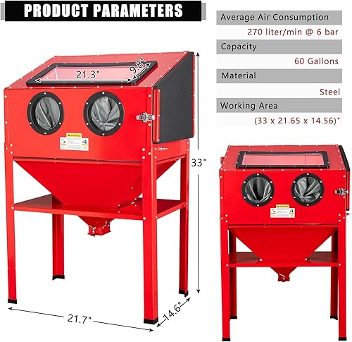 Miniatura 2 de MOTORHOT Armario de chorro de arena de aire de 60 galones, kit de gabinete de arena de 60-125 PSI, gabinete grande de acero con pistola de chorro de