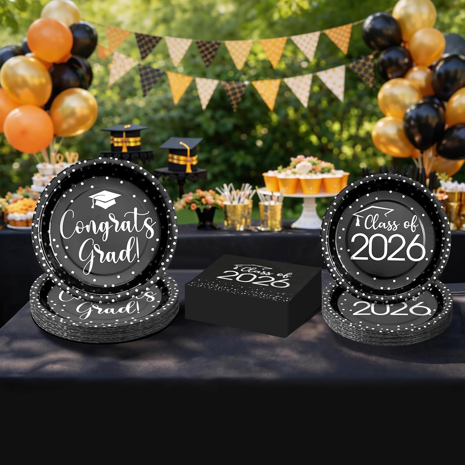 150Pcs Graduation Plates and Napkins Set, Class of 2026 Disposable Gold foil Tableware for College High School Congrats Grad Graduation Party Decoration and Supplies, Serve 50(Black and Silver)
