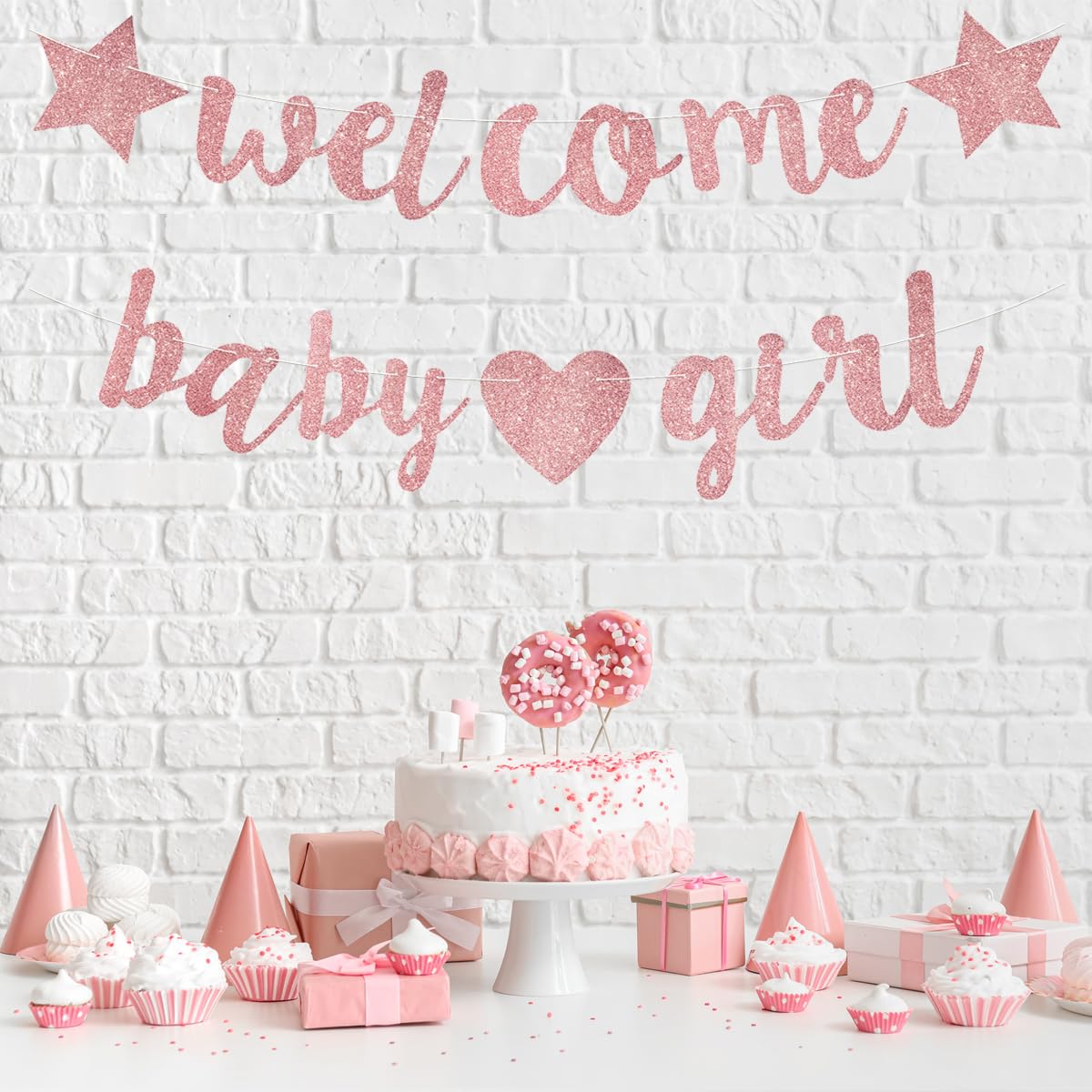Muted Balloons Welcome Baby Girl Decoration Rose Gold Baby Shower Decorations Welcome Baby Girl Banner Paper Streamers Lanterns Flower Tissue Pom Poms Fan Supplies Pink Gender Baby Shower Girl Party Decoration Baby