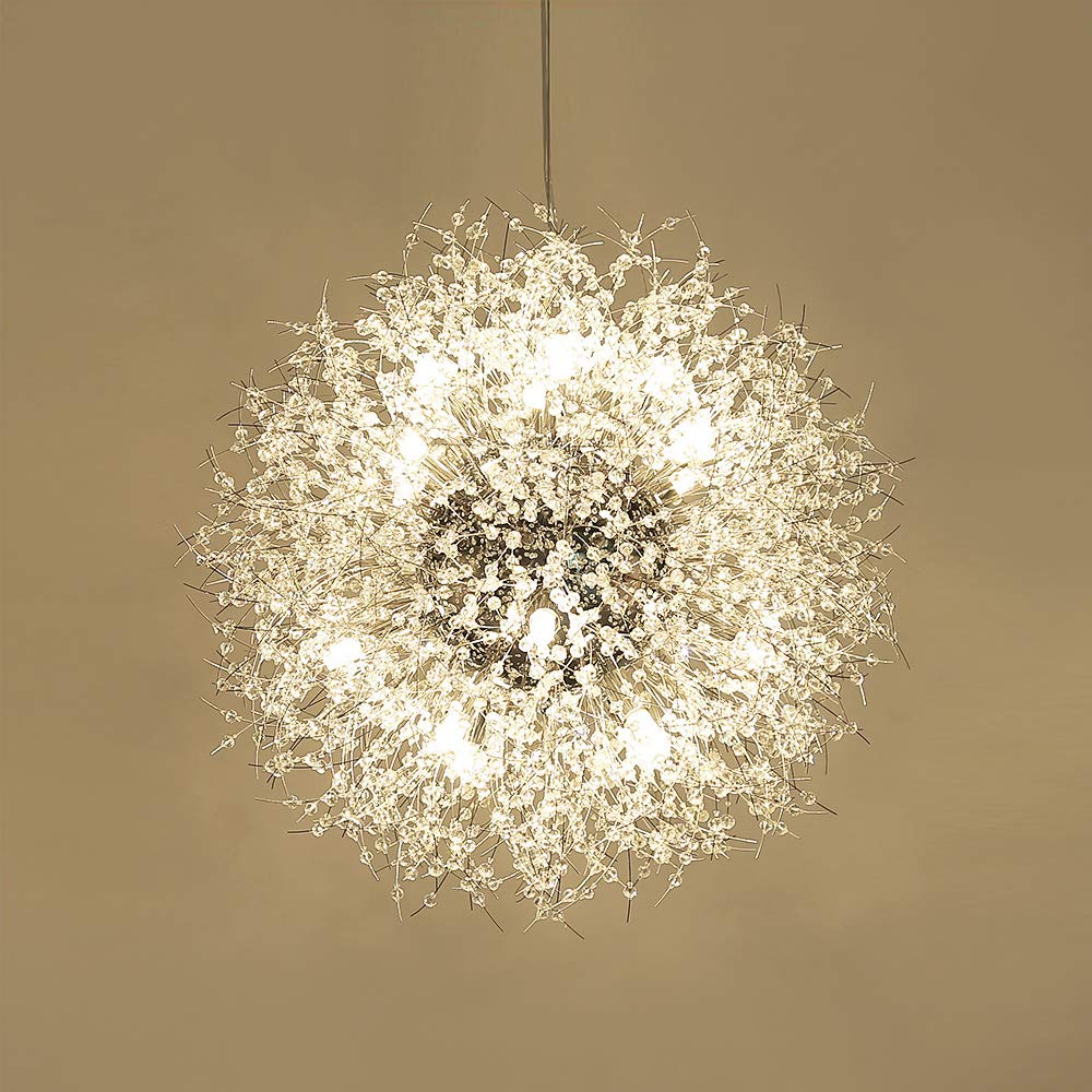Qamra Modern Crystal Chandeliers, Chrome Firework Dandelion Sputnik Chandelier Light Fixture Pendant Lighting for Dining Room, Bedroom, Kitchen, Living Room(16-Light, Chrome)