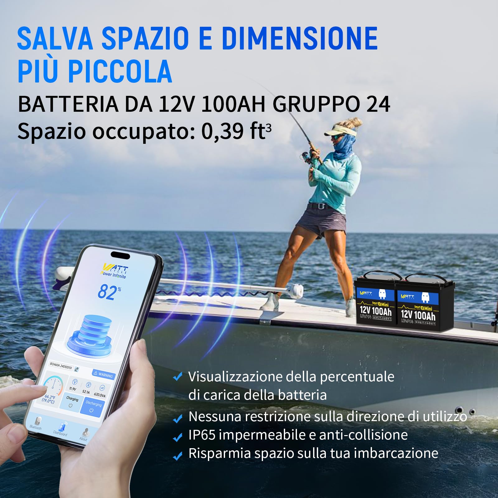 WattCycle Batteria LiFePO4 12V 100Ah con Bluetooth, Batteria al Litio 1280Wh con BMS Intelligente 100A, 15000+ Cicli, Protezione Bassa Temperatura, Batteria Deep Cycle per Camper, Barca, Fotovoltaico
