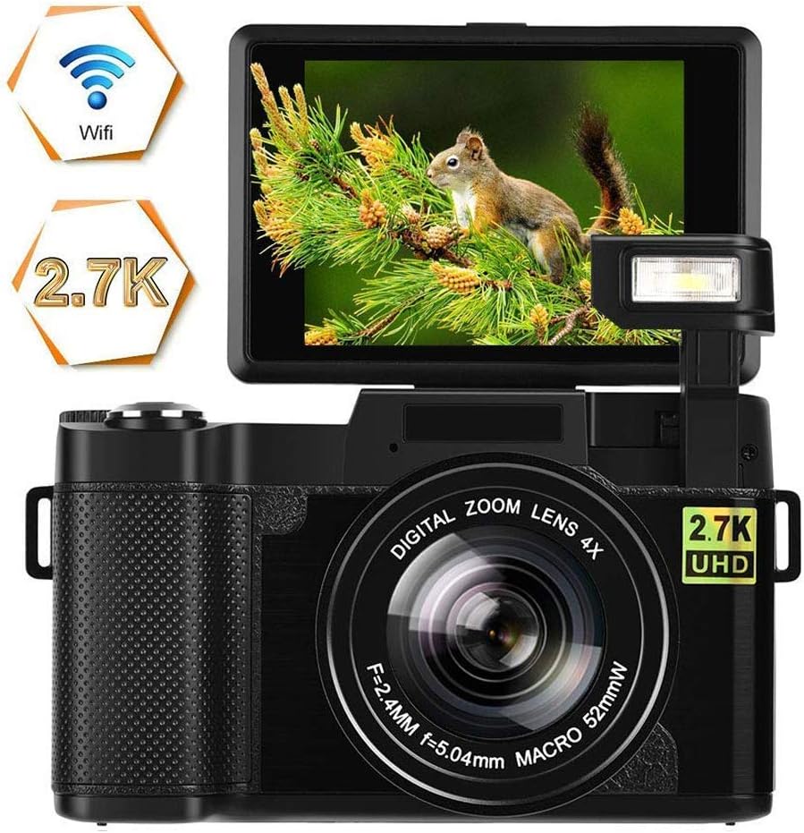 Digital Camera Vlogging Camera 24MP Ultra HD 2.7K WiFi YouTube Camera 3.0 Inch 180 Degree Rotation Flip Screen Camera Retractrable Flashlight