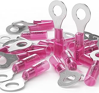 AIRIC 22-16 AWG - 1/4" Heat Shrink Ring Terminals, Copper Terminal Connector Ends, Battery Cable End Lugs,Red Insulated Electrical Crimp Wiring Connectors, Wire Lug for 22 20 18 16 Gauge Wires 100 PCS