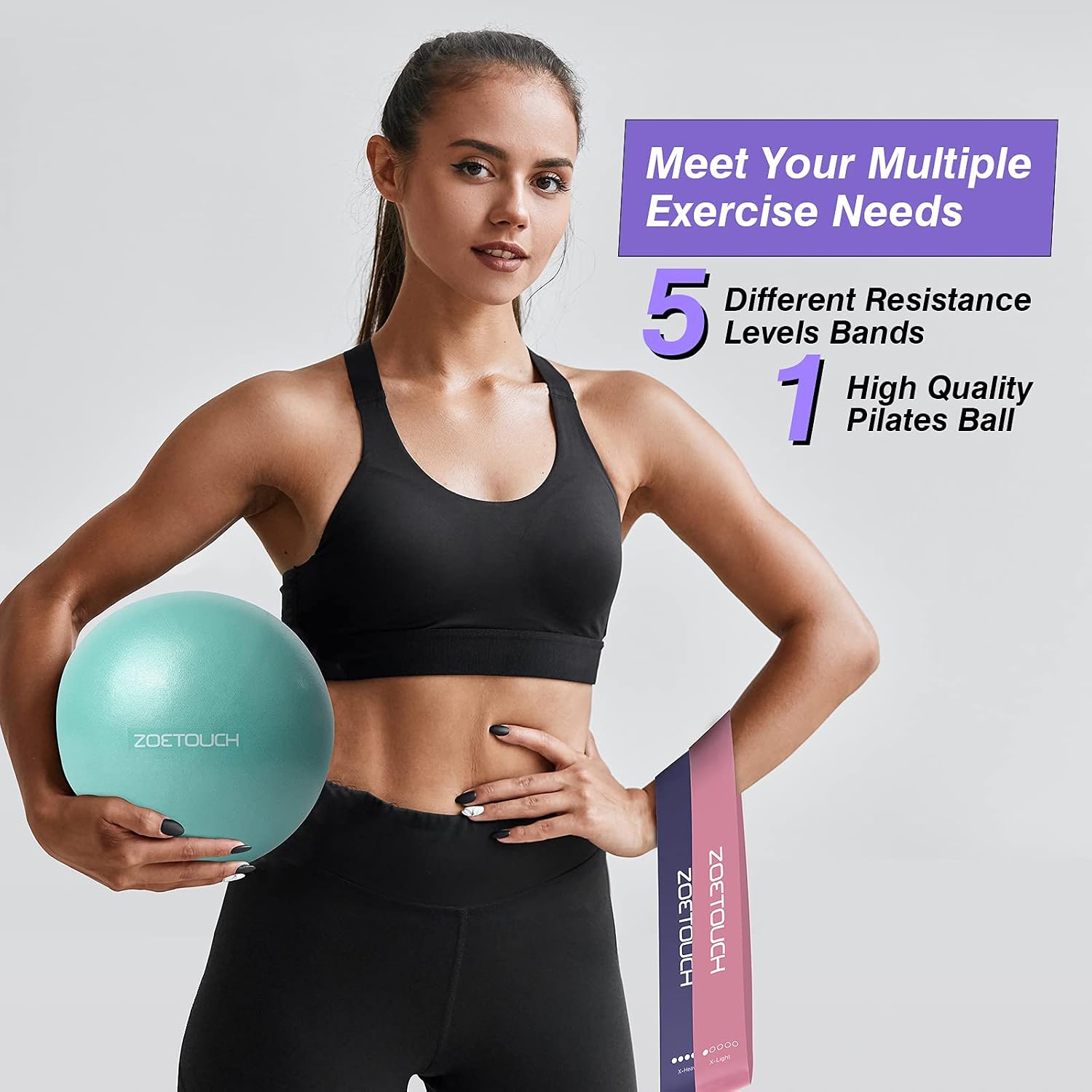 ZOETOUCH Small Yoga Excersize Ball and Resistance Bands Set for Women, Men, Working Out, Pilates Ball, Loop Bands Exercise Ball, Workout Equipment, for Strength Training,Physical Therapy
