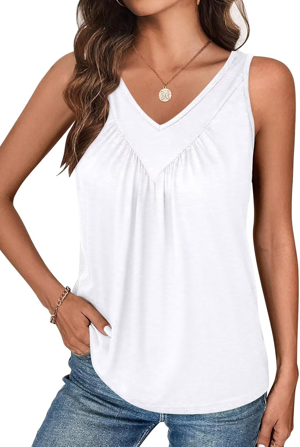 Bliwov Womens Summer Tops V Neck Ruched Cute Tank Tops Loose Fit Casual Sleeveless Beach Vacation Clothes for Woman Trendy