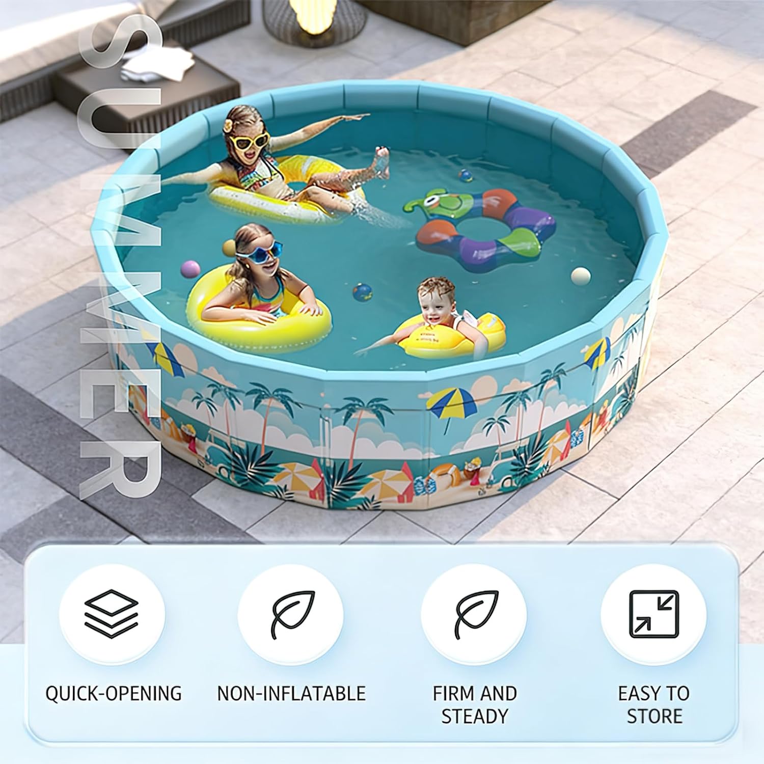 Folding Non Inflatable Swimming Pool, Home Swimming Pool, Mesh PVC Material, Suitable for Backyard Swimming Pool (Blue, 63inch)