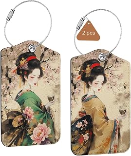 2 Pack Vintage Japanese Women Luggage Tags for Suitcases, Leather Suitcase Tags for Cruise Ships Airport Travel, Privacy Cover ID Label Whit Stainless Steel Loop & Address Card