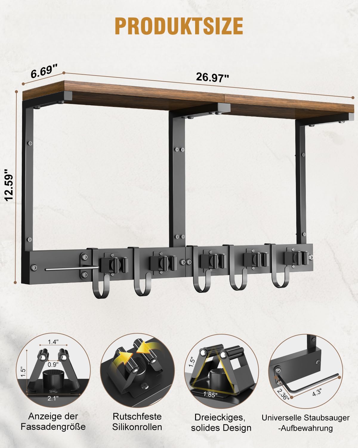 Soporte escobas pared con estante superior de madera, organizador metálico resistente para útiles de limpieza con soporte para aspiradora, 5 soportes y 5 ganchos para lavadero, trastero (grande)