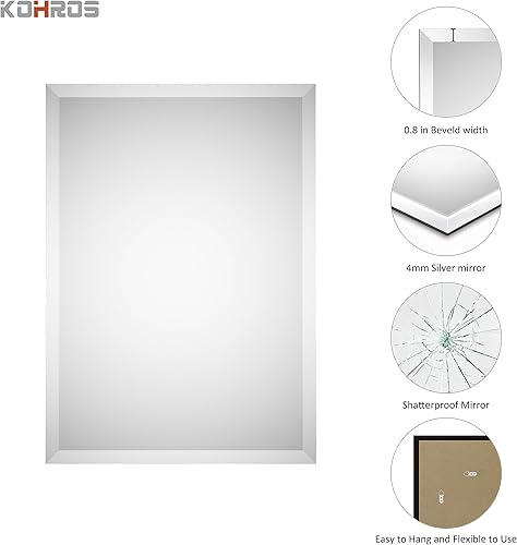 Miniatura 4 de KOHROS Espejo de pared rectangular sin marco, espejo de baño de 18 x 24 pulgadas, espejo de borde biselado para tocador y entrada, colgar horizontal