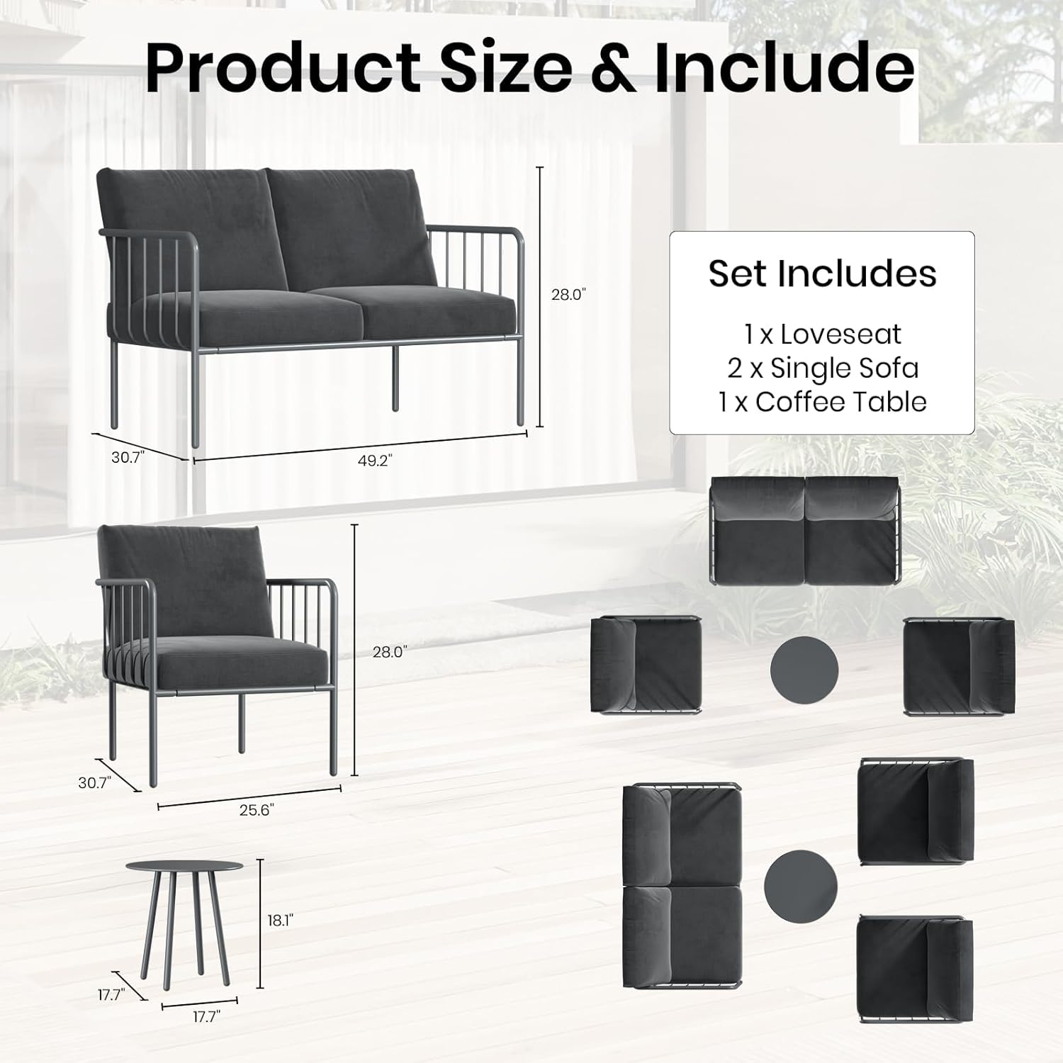 BUPPLEE 4 Piece Patio Porch Furniture Set with 4.7" Ultra-Thick Cushions, Metal Outdoor Conversation Set with Coffee Table, Loveseat & 2 Chairs for Balcony, Porch, Garden (Dark Grey)