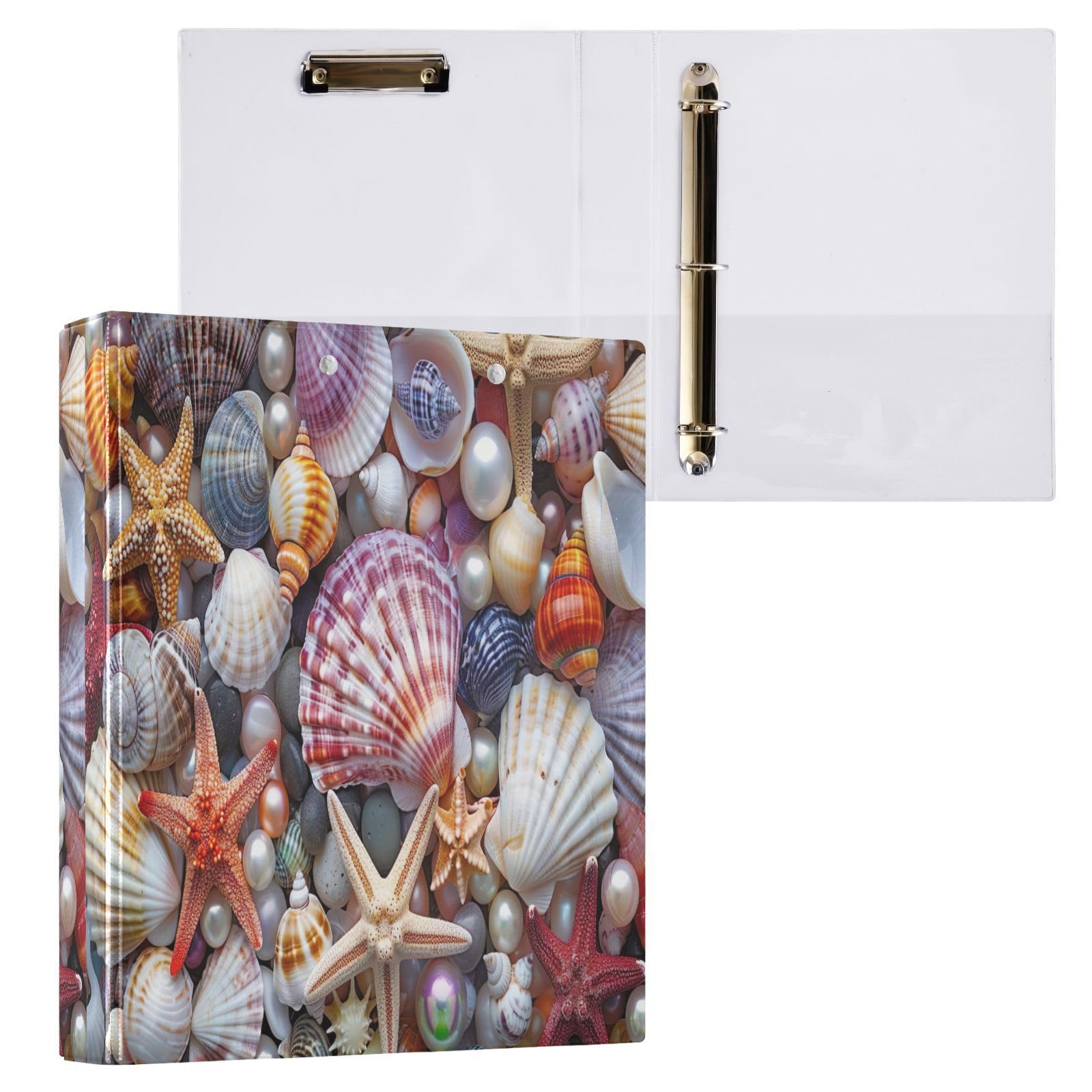 Confezione da 2 raccoglitori a 3 anelli, con conchiglie colorate, stelle marine, con portablocco a D, grandi raccoglitori a 3 anelli, per scuola, università, ufficio