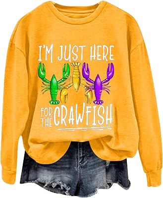 AMDOLE I’m Just Here for The Crawfish Haut à Manches Longues et col Rond imprimé Homard Monogramme pour Femme Pulls Caporal Femmes