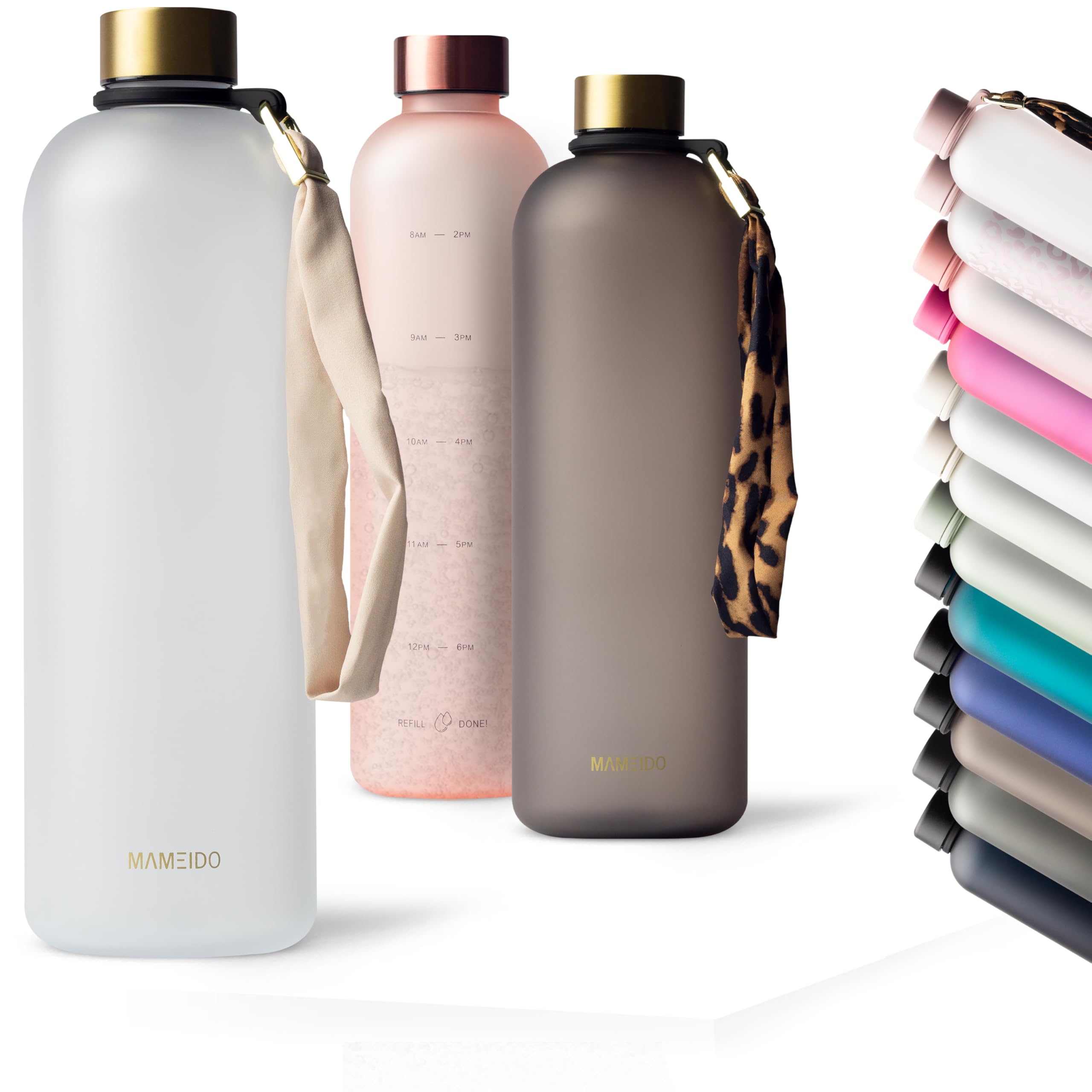 MAMEIDO Trinkflasche mit Zeitmarkierung 1,5 l Kohlensäure geeignet, auslaufsichere Water Bottle, Wasserflasche BPA frei für Sport, Gym & Büro (Frosted White Gold)