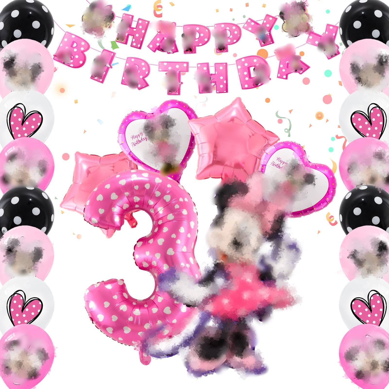 Mouse Birthday Decorations 23 PCS, Mouse Party Decorations with Happy Birthday Banner, Balloons, 3rd Bir-thday Decorations for Girls Themed Party Decorations, Pink Birth-day Decorations