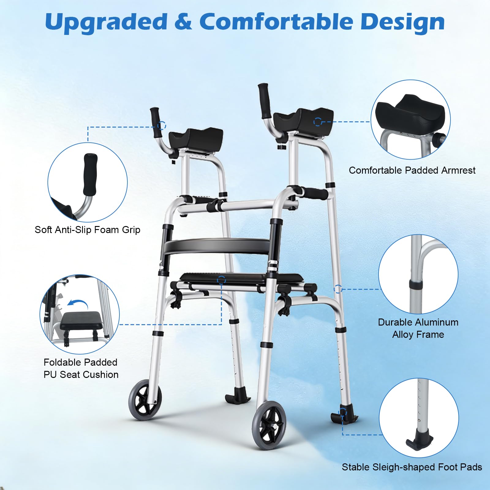Andador plegable con asiento de poliuretano desmontable, 8 niveles de ajuste de altura y 3 niveles de longitud de reposabrazos, ruedas dobles todoterreno, gran capacidad de carga, marco de aluminio