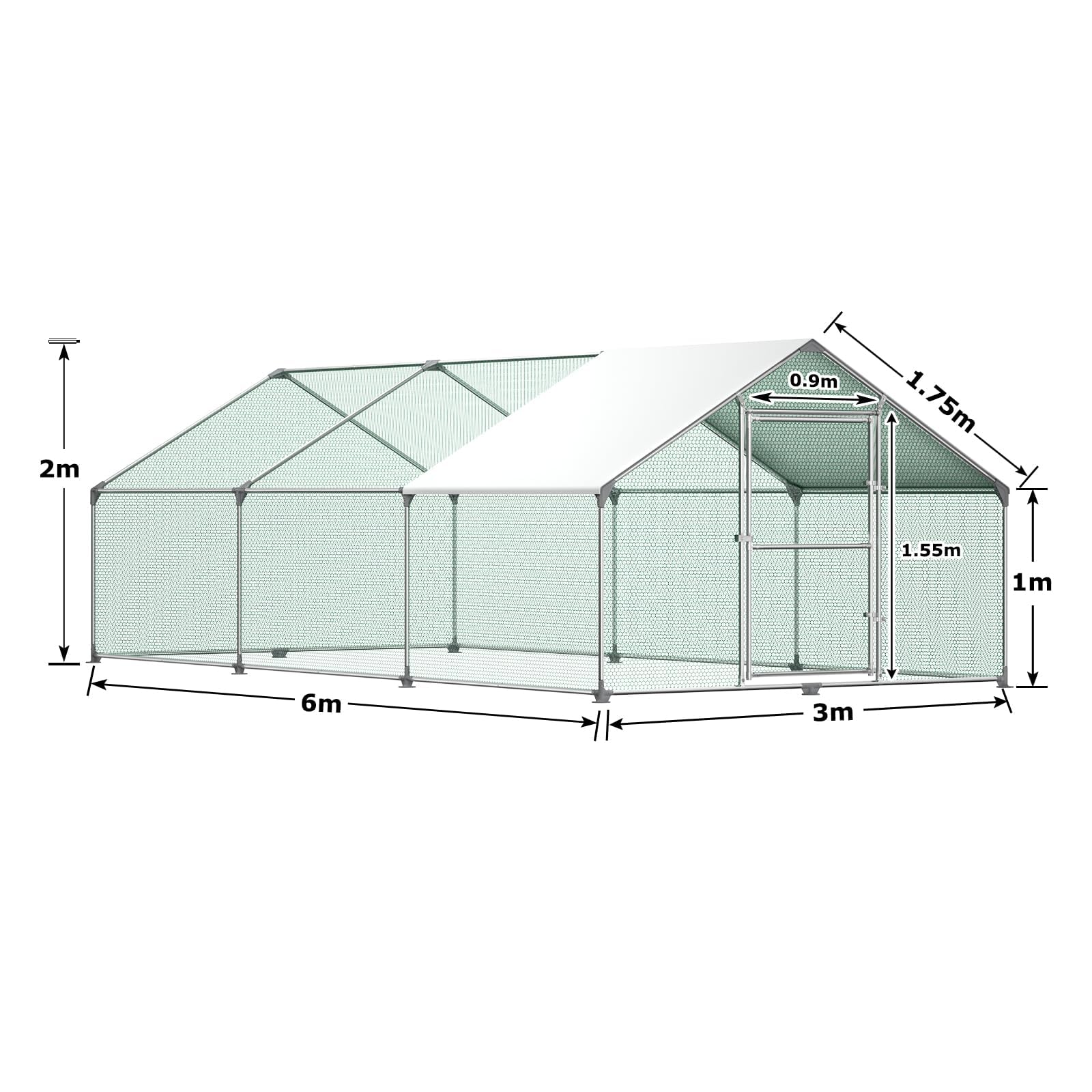 Hühnerstall Freilaufgehege 3x6x2 m mit PE-Dach, Outdoor Tiergehege für Hühner Kaninchen Kleintiere Hunde, wetterfestes Kleintiergehege