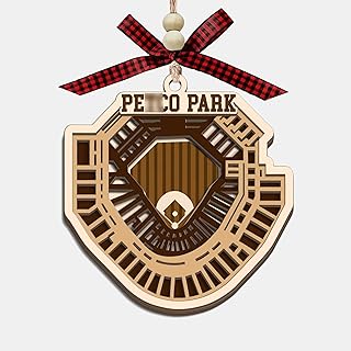 CoCray66 San Diego Stadium Wooden Ornament, Baseball Stadium 4 Layer Wood Christmas Tree Ornament with Red Bow and Beads, Travel Souvenir Gift for Sports Fans Friends