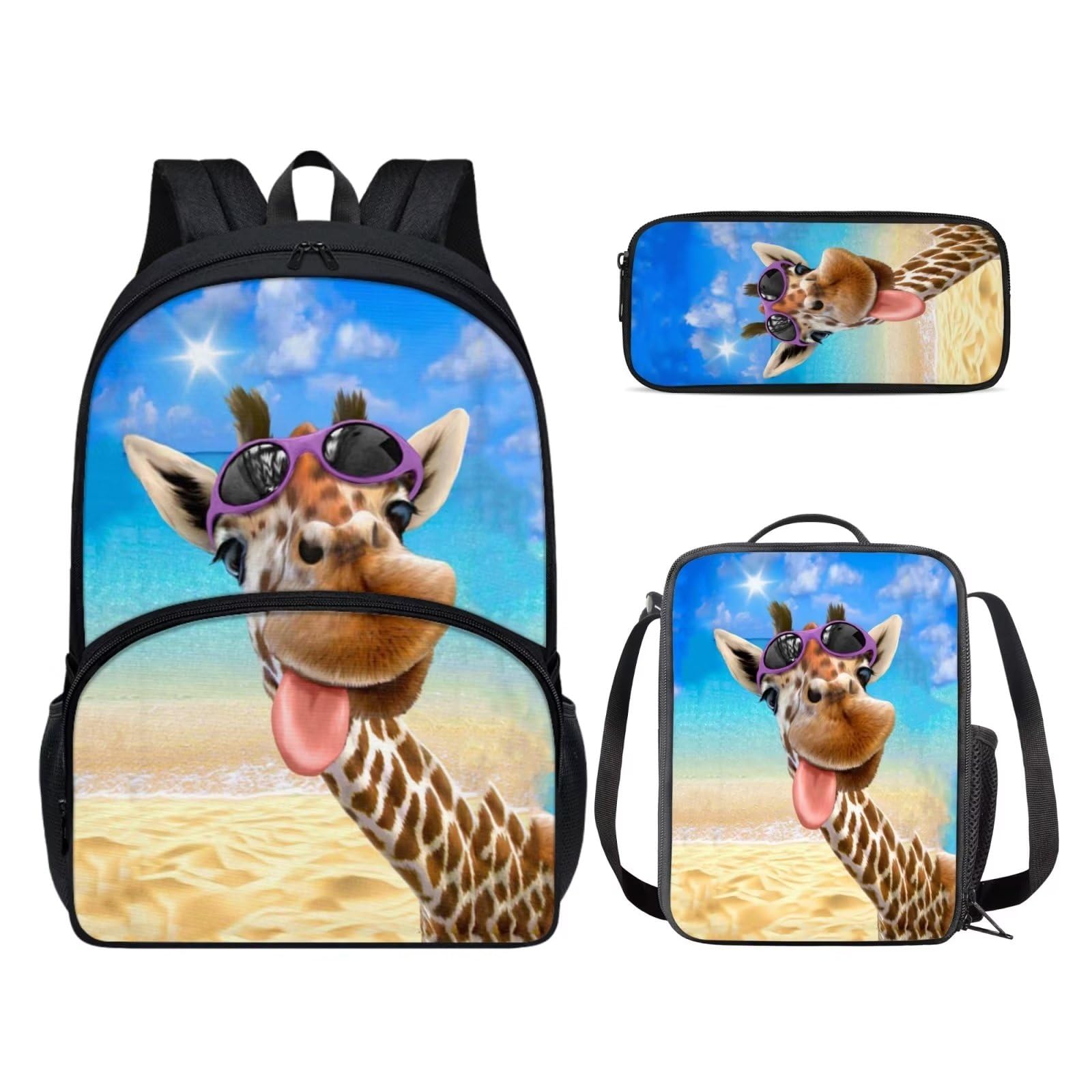 POLERO Juego de 3 bolsas escolares con impresión 3D para el almuerzo, estuche para lápices, jirafa, Talla única, Mochila infantil