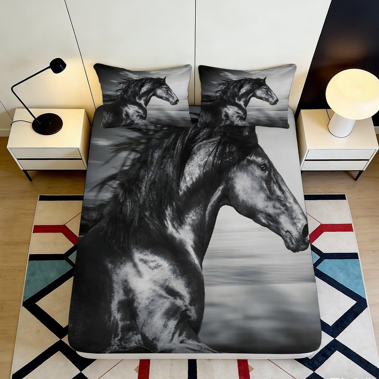 3D Printed Black Horse Fitted Sheet Microfiber Soft Durable 3D Printed Running Horse Mattress Cover for Bedroom Dormitory Guest Room Protection 200x200x25cm