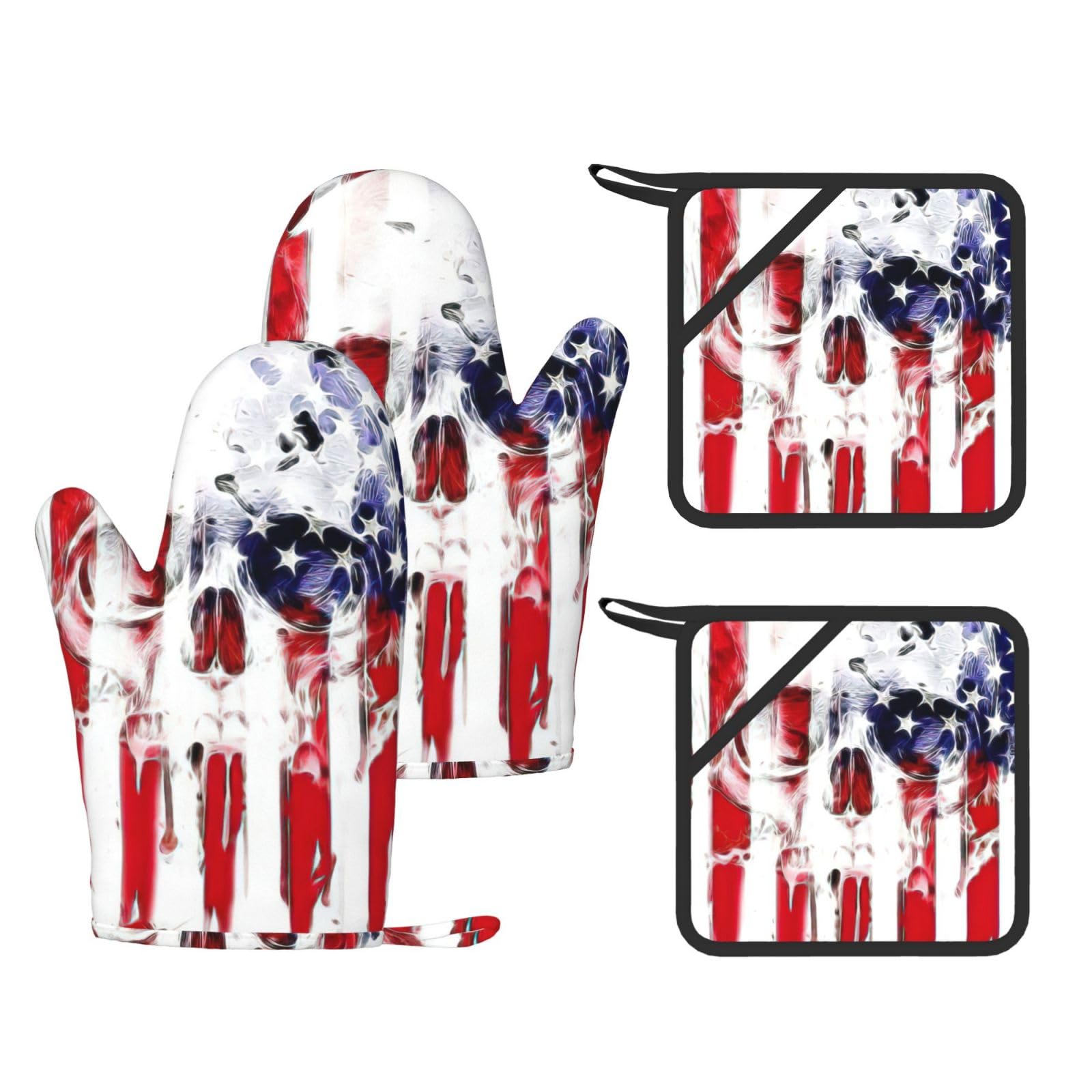 Nimongt Black American Flag Skull Print Heat Resistant Gloves Pads Reusable Kitchen Set Oven Baking Grilling Cooking